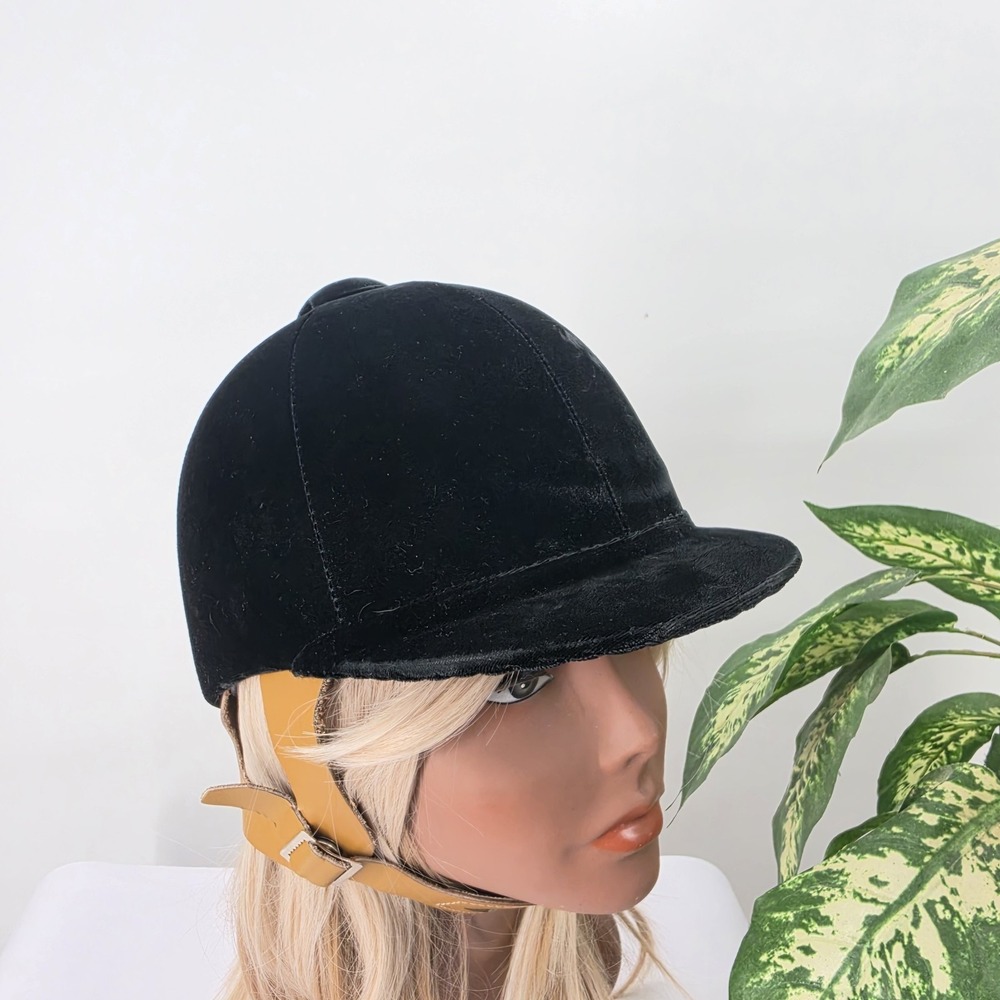 Vel-Pro Equestrian Hunt Black Velvet Horse Riding Hat Tan Harness Vintage 7 3/4